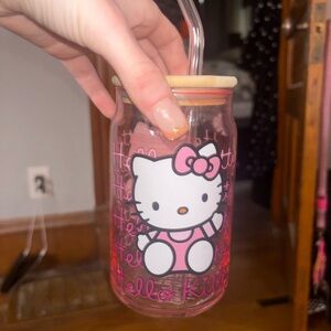 Hello Kitty Pink Glass Jar with Straw